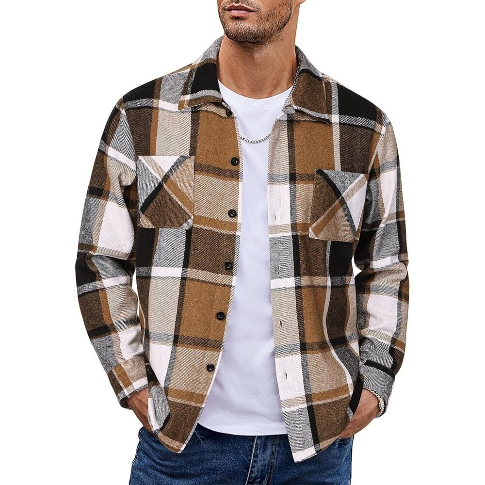 Men's Khaki Gray Flannel Shirts Casual Button Down Plaid Shirt with Pockets